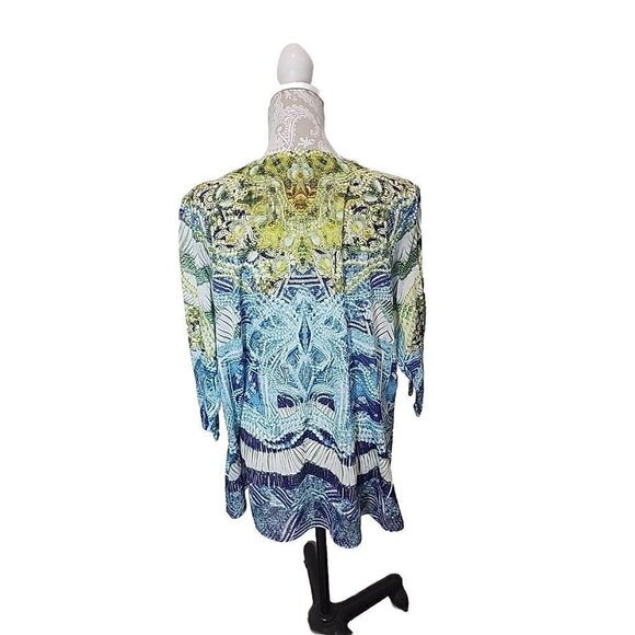 Chico's Blue/Lime Scalloped Lace Sequin & Pearl Print Chiffon Hem Top Xlarge - Picture 4 of 8